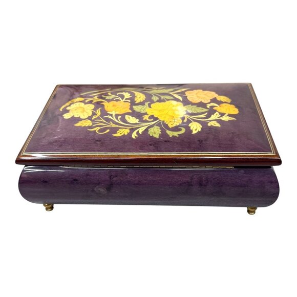 Vintage Italian Inlaid Wood Music Jewelry Box Mayflower Sorrento Yellow Flowers - Picture 11 of 13
